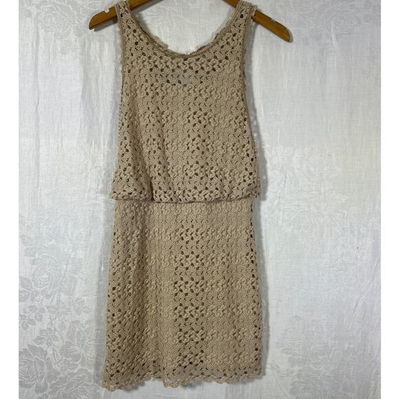 Free People Dress  XS Tan Crochet Lace Lined Cut Out Back Sleeveless Boho Hippie - Picture 1 of 16
